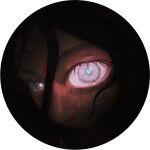  1girl :/ angela_he black_hair circle close-up dark-skinned_female dark_skin eye_focus fisheye glaring glowing hair_between_eyes highres long_hair non-web_source official_art solo stop_burying_me_alive_beautiful! white_eyes 
