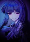  1girl blue_background blue_bow blue_bowtie blue_hair blue_theme bow bowtie commentary commentary_request completion_time evil_smile frederica_bernkastel gothic_lolita half-closed_eyes highres hime_cut lips lolita_fashion long_hair partial_commentary purple_eyes purple_theme smile teeth umineko_no_naku_koro_ni upper_body wonder_(natade_nico2525) 