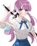  1girl blue_hair blue_nails blue_skirt blush closed_mouth collared_shirt commentary_request highres holding holding_sword holding_weapon hololive long_hair minato_aqua multicolored_hair nail_polish nekoshima_kaede pink_hair purple_eyes shirt skirt solo sword two-tone_hair virtual_youtuber weapon white_shirt 