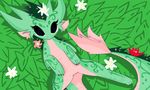  2016 big_eyes black_eyes claws cute detailed_background digital_media_(artwork) dragon e-01_(artist) eyelashes female feral flora_fauna flower fur furred_dragon green_fur green_hair green_scales hair hi_res leaves looking_at_viewer mammal nails nude outside pink_flower plant presenting pussy red_flower scales scalie simple_background solo spread_legs spreading white_flower 