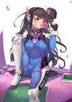  bad_id bad_pixiv_id bangs blowing bodysuit breasts brown_eyes brown_hair bubble_blowing chewing_gum covered_navel d.va_(overwatch) facial_mark gloves gun handgun headphones leg_up lips long_hair looking_to_the_side mecha medium_breasts meka_(overwatch) overwatch petals pilot_suit pistol simple_background sitting sitting_on_object skin_tight smile solo swept_bangs vococo weapon whisker_markings white_background white_gloves 