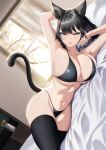  1girl animal_ear_fluff animal_ears armpits arms_behind_head bed_sheet bikini black_bikini black_hair black_thighhighs blue_eyes blueorca breasts cat_ears cat_girl cat_tail commentary dutch_angle english_commentary flower highleg highleg_bikini highres indoors large_breasts light_blush light_smile looking_at_viewer lying mole mole_under_eye navel on_side original parted_lips solo string_bikini swimsuit tail tail_raised thighhighs vase window yellow_flower 