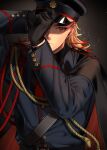  1boy adjusting_clothes adjusting_headwear aiguillette alternate_costume belt black_background black_belt black_cape black_gloves black_hat black_jacket black_shirt blonde_hair buttons cape closed_mouth collared_shirt colored_tips commentary_request flipped_hair gloves gradient_background hand_on_headwear hashimoto_(yanagi-momo) hat jacket kimetsu_no_yaiba light_particles long_hair long_sleeves looking_at_viewer male_focus military military_hat military_uniform multicolored_eyes multicolored_hair necktie one_eye_covered peaked_cap red_cape red_eyes red_hair red_necktie rengoku_kyoujurou rope shirt shoulder_strap solo streaked_hair tassel two-sided_cape two-sided_fabric two-tone_hair upper_body yellow_eyes 