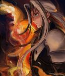  1boy armor black_jacket collared_jacket english_commentary eyelashes final_fantasy final_fantasy_vii fire floating_hair green_eyes grey_hair hair_intakes hiceberg104 highres jacket long_hair looking_to_the_side male_focus night open_mouth pauldrons scene_reference sephiroth shoulder_armor slit_pupils 