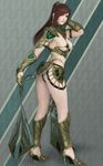  3d armor ass bikini_armor breasts covered_nipples full_body greaves green_eyes highres kingdom_under_fire large_breasts long_hair original pauldrons red_hair revealing_clothes ryanreos solo thong vambraces 