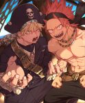  2boys abs alternate_costume alternate_universe bakugou_katsuki boku_no_hero_academia commentary_request earrings fingernails gold_ring hair_horns hat headband highres jewelry kirishima_eijiro male_focus multiple_boys multiple_necklaces necklace nipples pectorals pirate pirate_costume pirate_hat red_hair sharp_teeth ship short_hair skull_print spiked_hair teeth toned toned_male topless_male tsukota watercraft 