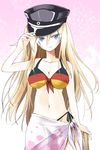  bare_shoulders bikini bismarck_(kantai_collection) blonde_hair blue_eyes breasts cleavage flag_print german_flag german_flag_bikini hat kantai_collection large_breasts long_hair navel peaked_cap sarong side-tie_bikini solo striped striped_bikini swimsuit tsurime ugatsu_matsuki 