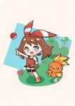  1girl :d bike_shorts bike_shorts_under_shorts black_shorts blue_eyes blush bow brown_hair chibi chibi_only commentary_request eyelashes fanny_pack full_body gokuaku_rabbit hair_bow highres holding holding_poke_ball index_finger_raised looking_at_viewer may_(pokemon) poke_ball poke_ball_(basic) pokemon pokemon_(creature) pokemon_oras red_bow red_shirt shirt shoes short_hair shorts sleeveless sleeveless_shirt smile torchic white_shorts yellow_shoes 