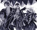  1girl 2boys ahoge black_hakama black_kimono black_scarf commentary_request fate/grand_order fate_(series) greyscale hair_slicked_back hakama hijikata_toshizou_(fate) hijikata_toshizou_(third_ascension)_(fate) holding holding_smoking_pipe holding_sword holding_weapon japanese_clothes katana kimono kishusoul kondou_isami_(fate) kondou_isami_(second_ascension)_(fate) long_hair monochrome multiple_boys okita_souji_(fate) okita_souji_(teal_haori_and_hakama)_(fate) open_clothes open_kimono ponytail scarf sheath sheathed shinsengumi_(fate) short_ponytail sidelocks smoking_pipe sword toned toned_male twitter_username unsheathed weapon 
