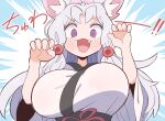  1girl :3 animal_ear_fluff animal_ears arms_up black_sash black_trim blue_border blush border bow breast_focus breasts claw_pose commentary_request curtained_hair emphasis_lines fang fox_ears fox_girl hair_bow highres huge_breasts japanese_clothes kimono kurachi_mizuki long_hair looking_at_viewer obi obijime open_mouth partial_commentary pink_bow purple_eyes red_ribbon ribbon sash short_sleeves simple_background smile solo touhoku_itako translation_request v-shaped_eyebrows voiceroid white_background white_hair white_kimono wide_sleeves 