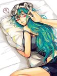 ? arrancar bespectacled bleach breast_press breasts brown_eyes dakimakura_(object) facial_mark glasses green_hair large_breasts long_hair lying midriff muku_(midoriiro) nelliel_tu_odelschwanck on_stomach one_eye_closed out_of_frame pillow pillow_hug pov pov_hands shorts skull solo_focus spoken_question_mark tank_top 