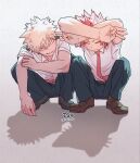  2boys artist_name bakugou_katsuki belt blonde_hair boku_no_hero_academia brown_belt brown_shoes cat_shadow_puppet_(meme) closed_mouth collared_shirt commentary_request double_w highres kirishima_eijiro looking_at_another male_focus meme middle_w multiple_boys necktie pants red_hair red_necktie school_uniform shadow_puppet shirt shirt_tucked_in shoes short_hair spiked_hair squatting tsukota twitter_username u.a._school_uniform w white_shirt 