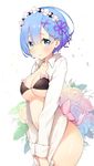  ayamy black_bra blue_eyes blue_hair blush bow bra breasts cowboy_shot floral_background flower_knot hair_between_eyes hair_ornament hair_over_one_eye head_wreath highres large_breasts looking_at_viewer navel open_clothes open_shirt pink_bow re:zero_kara_hajimeru_isekai_seikatsu rem_(re:zero) shirt shirt_tug short_hair solo underwear x_hair_ornament 