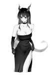  1girl :| alternate_costume alternate_hairstyle arknights armpit_crease bare_shoulders blush breasts ch'en_(arknights) choker cleavage closed_mouth collarbone commentary covered_navel dot_nose double-parted_bangs dragon_horns dragon_tail dress earrings elbow_gloves evening_gown expressionless feint721 gloves greyscale highres horns jewelry knee_up large_breasts long_dress long_hair looking_to_the_side low_neckline monochrome red_eyes side_slit simple_background sleeveless sleeveless_dress solo spot_color standing strapless strapless_dress tail taut_clothes taut_dress tight_clothes tight_dress white_background 