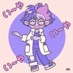  1boy ^_^ black-framed_eyewear closed_eyes coat collarbone commentary_request crew_neck dot_nose full_body glasses jacq_(pokemon) lapels limited_palette long_sleeves maku_maas male_focus notched_lapels open_mouth pokemon pokemon_sv purple_hair sandals shirt shoes smile solo translation_request 