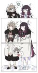  2girls :< ? arrow_(symbol) black_collar black_hair blue_eyes bow brown_hair chinese_commentary closed_eyes closed_mouth coat collar columbina_(genshin_impact) commentary_request cryo_symbol_(genshin_impact) dress eye_mask fatui_coat flower fur-trimmed_coat fur-trimmed_hood fur_hood fur_trim gelinzzz genshin_impact hair_ornament head_wings headdress highres hood invisible_shoes lapels long_hair mask multicolored_hair multiple_girls multiple_wings purple_hair purple_streaks ribbon rope sandrone_(genshin_impact) see-through_clothes see-through_mask short_hair_with_long_locks simple_background smile two-tone_hair very_long_hair vision_(genshin_impact) white_background white_coat white_dress white_headdress white_mask white_rope white_wings wing_hair_ornament wings winter_clothes winter_coat x-shaped_eyewear 