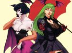  2girls absurdres aiming aiming_at_viewer bare_shoulders black_dress black_hair black_leotard breasts cleavage clothing_cutout collarbone cosplay costume_switch crossover cutout_above_navel darkstalkers deadlock_(game) demon_girl demon_wings dress green_eyes green_hair gun head_wings heart_cutout highres holding holding_gun holding_umbrella holding_weapon large_breasts leotard mina_(deadlock) mina_(deadlock)_(cosplay) morrigan_aensland morrigan_aensland_(cosplay) multiple_girls multiple_wings pantyhose print_pantyhose purple_pantyhose short_hair simple_background spunkyramaz umbrella weapon wings yellow_background 