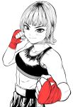  1girl boxing boxing_shorts breasts clenched_hands commentary_request fighting_stance from_above greyscale hand_wraps hatching_(texture) highres lee_(dragon_garou) linea_alba medium_breasts midriff monochrome original short_hair shorts simple_background smile solo sports_bra spot_color upper_body v-shaped_eyebrows 