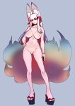  1girl animal_ear_fluff animal_ears breasts collarbone commentary_request completely_nude contrapposto fox_ears fox_girl fox_tail grey_background hand_on_own_hip head_tilt highres hisahiko kitsune kyuubi large_breasts large_tail long_hair multiple_tails navel nipples nude original platform_sandals red_eyes sandals simple_background solo standing tail variant_set white_hair 