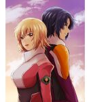  1boy 1girl artist_name athrun_zala back-to-back blonde_hair blue_hair cagalli_yula_athha cloud commentary_request dated green_eyes gundam gundam_seed gundam_seed_freedom highres ikasaman light_smile mecha_pilot_suit short_hair sky sunset twitter_username yellow_eyes 