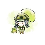  1girl black-framed_eyewear boots braid braided_hair_rings brown_boots brown_eyes chibi chinese_commentary collared_jacket commentary_request croaker_(infinity_nikki) expressionless fengmi_youzi_hua frog froggy_fashion_(infinity_nikki) goggles goggles_on_headwear green_background green_hat green_jacket green_skirt green_socks grey_hair hair_rings hat highres holding holding_plant infinity_nikki jacket kneehighs light_particles lily_pad long_hair long_sleeves looking_at_another miniskirt newsboy_cap nikki_(series) plant pleated_skirt puffy_long_sleeves puffy_sleeves round_eyewear shirt skirt socks solid_oval_eyes standing two-tone_background white_background yellow_shirt 
