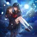 2girls absurdres artist_request black_hair black_pantyhose black_sailor_collar black_serafuku black_shirt black_skirt blue_eyes blue_sky blunt_bangs blush bow bowtie brown_hair carrying check_artist closed_mouth cloud commentary_request eye_contact feet_out_of_frame full_body full_moon hand_on_another's_neck highres light_particles long_hair looking_at_another medium_skirt moon multiple_girls night otoufu_(gotouhu) pantyhose parted_lips pleated_skirt princess_carry red_bow red_bowtie red_eyes sailor_collar school_uniform serafuku shirt sidelocks skirt sky smile star_(sky) star_(symbol) starry_sky voice_drama_available yubinotacto yuri 