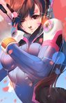  ;) absurdres arched_back armor bangs bodysuit breasts brown_eyes brown_hair d.va_(overwatch) facepaint facial_mark gloves gun handgun headphones high_collar highres holding holding_gun holding_weapon large_breasts lips lipstick long_hair looking_at_viewer makeup one_eye_closed overwatch petals pilot_suit pink_lips shoulder_pads skin_tight smile solo sparkle turtleneck upper_body wannian_yan weapon whisker_markings white_gloves 