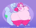 2018 antennae_(anatomy) anthro areola armwear artist_name belly belly_overhang big_areola big_belly big_breasts biped bludra_(ellegarden) blue_body blush bottom_heavy breasts cherry_(ellegarden) chubby_cheeks clothing digital_drawing_(artwork) digital_media_(artwork) duo elbow_gloves eye_contact fan_character female fingerless_gloves generation_6_pokemon gloves goodra hair handwear hug huge_hips huge_thighs hugging_another hugging_from_behind latex latex_clothing latex_gloves latex_handwear latex_legwear latex_thigh_highs legwear lips looking_at_another looking_at_partner male male/female mammal navel nekocrispy nintendo nipples obese obese_anthro obese_female overweight overweight_anthro overweight_female overweight_male pink_areola pink_body pink_hair pink_latex pink_nipples pokemon pokemon_(species) purple_background red_eyes rhinoceros sequence signature simple_background smile standing tailbutt text thick_thighs thigh_highs url weight_difference wide_hips