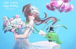  1girl artist_self-insert balloon bare_shoulders black_bow black_bowtie blush blush_stickers bouquet bow bowtie brown_hair character_name closed_eyes dress english_text envelope happy_birthday hat heart_balloon highres holding holding_bouquet holding_envelope indie_virtual_youtuber korean_text long_hair miori_celesta ponytail ryushi_(yushi) smile top_hat virtual_youtuber wedding_dress white_dress 