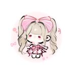  1girl barefoot blonde_hair blunt_bangs bow bowtie brooch brown_eyes chibi chinese_commentary circle commentary_request dress drill_hair fengmi_youzi_hua frilled_sleeves frills hair_bow hand_on_own_shoulder highres infinity_nikki jewelry large_bow light_blush light_particles long_hair looking_to_the_side nikki_(series) no_mouth off-shoulder_dress off_shoulder pink_bow pink_bowtie pink_dress pink_ribbon_waltz_(infinity_nikki) pleated_dress short_dress short_sleeves sidelocks solid_oval_eyes solo standing twin_drills twintails very_long_hair white_background 