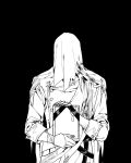  1boy black_background charon_(reverse:1999) coat commentary_request covered_face dirty dirty_clothes dog_tags gloves greyscale highres holding holding_dog_tags holding_picture_frame korean_commentary male_focus monochrome mulkkachi picture_frame reverse:1999 solo upper_body veil 