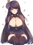  1girl artist_name blunt_bangs blush breasts bridal_gauntlets cleavage closed_mouth clothing_cutout english_commentary falling_petals genshin_impact hair_down hair_ornament highres hinahaii huge_breasts japanese_clothes leaning_to_the_side lingerie looking_down mole mole_under_eye neck_ribbon nose_blush petals purple_eyes purple_hair purple_nails purple_thighhighs raiden_shogun red_skirt ribbon shoulder_cutout shy sitting skirt solo thick_thighs thighhighs thighs twitter_username underwear upper_body white_background 