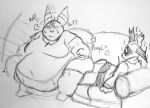 2024 alt_for_fat_art anthro anthrofied barefoot belly belly_overhang belly_peeking_out big_belly big_moobs blush bodily_fluids bottomwear chubby_cheeks clothed clothing double_chin duo eeveelution exclamation_point eyes_closed fan_character fat_arms feet flustered furniture generation_2_pokemon graphite_(artwork) greyscale hi_res hoodie huge_belly lying lying_on_sofa male male/male monochrome moobs morbidly_obese morbidly_obese_anthro morbidly_obese_male nintendo obese obese_anthro obese_male on_sofa overweight overweight_anthro overweight_male pokemon pokemon_(species) pokemorph shirt shocked shorts sitting sitting_on_another sitting_on_sofa sketch sofa struggling sweat sweaty_arms sweaty_belly sweaty_face t-shirt tired topwear traditional_media_(artwork) umbreon unknown_species wide_eyed