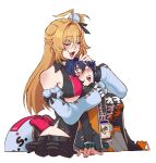  2girls ahoge bare_shoulders belle_(zenless_zone_zero) between_breasts black_shirt blonde_hair blue_hair blush bracelet breasts cdchewy cissia_(zenless_zone_zero) cleavage closed_eyes collar commentary crossed_bangs detached_sleeves english_commentary fang fingerless_gloves fingernails gloves green_eyes hair_between_eyes hand_on_another's_head head_between_breasts highres hug hug_from_behind jewelry large_breasts long_hair metal_wrist_cuffs multiple_girls open_mouth orange_gloves pink_nails shirt short_hair simple_background single_fingerless_glove snake_tail tail underboob white_background yuri zenless_zone_zero 