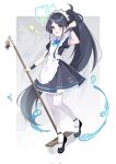 1girl :d anonair1_(anno) apron aris_(blue_archive) aris_(maid)_(blue_archive) arm_up black_dress black_hair black_shoes blue_archive blue_eyes blue_ribbon blush border borrowed_clothes collared_dress contrast_collar corrupted_twitter_file dress frilled_apron frilled_dress frills full_body green_halo grey_background halo hashtag-only_commentary highres holding holding_mop kei_(robot)_(blue_archive) long_hair long_sidelocks looking_at_viewer maid maid_apron maid_headdress mary_janes mop neck_ribbon number_print official_alternate_costume official_alternate_hairstyle open_mouth outside_border pantyhose parted_bangs ponytail puffy_short_sleeves puffy_sleeves rectangular_halo ribbon shoes short_sleeves sidelocks smile solo sparkle splatter very_long_hair water white_apron white_border white_pantyhose wristband zoom_layer 