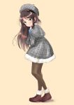  1girl blush book boots brown_eyes brown_hair coat commentary_request full_body fur-trimmed_coat fur_trim hat highres holding holding_book idolmaster idolmaster_cinderella_girls long_hair looking_at_viewer pantyhose shin_fuj simple_background smile solo tachibana_arisu 