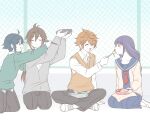  1girl 3boys ahoge alternate_costume alternate_universe antenna_hair arms_up backpack bag bento blunt_bangs book braid brown_eyes brown_hair closed_eyes collarbone collared_shirt commentary couple feeding food from_side full_body genshin_impact green_hair hair_between_eyes happy holding holding_bento indian_style kneeling light_blush long_braid long_sleeves looking_to_the_side maroneeeeesan multicolored_hair multiple_boys nervous notice_lines open_mouth orange_hair outdoors pants purple_hair raiden_shogun school_uniform seiza shirt short_sleeves single_braid sitting skirt smile spoken_food streaked_hair tartaglia_(genshin_impact) venti_(genshin_impact) vest white_background zhongli_(genshin_impact) 
