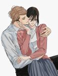  1boy 1girl absurdres arm_around_shoulder arm_around_waist beard_stubble black_hair black_pants blue_eyes blue_skirt brown_hair collared_shirt couple cowboy_shot facial_hair hair_between_eyes hand_on_another's_chin hetero highres jacket jean_kirstein long_skirt mikasa_ackerman pants pink_jacket pleated_skirt ponytail scar scar_on_cheek scar_on_face shingeki_no_kyojin shirt short_hair sitting sitting_on_lap sitting_on_person skirt stubble white_background white_shirt yuka_levi 
