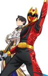  1010_mumumu 2boys arm_up belt black_bodysuit black_hair bodysuit coat commentary_request cowboy_shot crossed_arms gozyuwolf helmet highres kumade_mashiro male_focus multicolored_bodysuit multiple_boys no.1_sentai_gozyuger red_bodysuit red_helmet short_hair simple_background super_sentai tega_sword tokusatsu two-tone_bodysuit white_background white_coat 