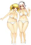  2girls :d artist_name bikini blonde_hair blush breasts dated front-tie_top full_body guitar headphones high_heels huge_breasts instrument jewelry large_breasts long_hair looking_at_viewer measurements multiple_girls navel necklace nitroplus no_socks open_mouth orange_eyes parted_lips pink_hair plump red_eyes shoes short_twintails side-tie_bikini signature smile standing star stats super_pochaco super_sonico swimsuit thick_thighs thighs tsuji_santa twintails v wide_hips 