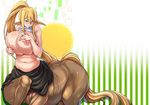  animal_ears areolae belly blonde_hair blue_eyes blush breast_hold breasts centaur centorea_shianus deep_skin highres horse_ears huge_breasts long_hair monster_girl monster_musume_no_iru_nichijou muffin_top navel nipples niu_ju_(orange_bull) plump pointy_ears ponytail shirt_lift skirt solo tail unaligned_breasts very_long_hair 