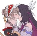  2girls automaton_(object) bare_shoulders black_collar black_hair black_sleeves blush bow brown_hair closed_eyes closed_mouth collar columbina_(genshin_impact) commentary_request detached_collar detached_sleeves dress eye_mask genshin_impact gloves hair_ornament hands_on_another's_arm hands_on_another's_neck head_wings headdress highres imminent_kiss long_hair long_sleeves mask multicolored_hair multiple_girls multiple_wings open_mouth purple_hair purple_streaks ribbon sandrone_(genshin_impact) see-through_clothes see-through_mask short_hair_with_long_locks simple_background two-tone_hair very_long_hair white_background white_dress white_gloves white_headdress white_mask white_wings winding_key wing_hair_ornament wings wrist_bow x-shaped_eyewear yazukigenshin yuri 