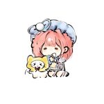  >_< 1girl ahoge animal apron blue_bow blue_hat blue_skirt blunt_bangs boots bow bowtie brown_eyes bye-bye_dust_(infinity_nikki) cat chinese_commentary cloak clothed_animal commentary_request ear_covers fengmi_youzi_hua frilled_headwear from_behind grey_shirt grooming hat hat_bow highres holding holding_brush hood hood_up hooded_cloak infinity_nikki kneeling long_hair miniskirt mob_cap momo_(nikki) motion_lines nikki_(series) no_gloves paw_print pink_boots pink_hair pocket pom_pom_hat_ornament puffy_short_sleeves puffy_sleeves red_bow red_bowtie see-through_clothes see-through_sleeves shirt short_sleeves simple_background skirt solid_oval_eyes traditional_bowtie whiskers white_background white_cat yellow_apron yellow_cloak 