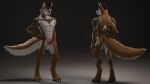 16:9 3d_(artwork) 3d_model_showcase 5_fingers abs animal_genitalia anthro balls beard black_nose blender_(artwork) blender_cycles_(artwork) brown_body brown_fur brown_hair butt calixto canid canine canis digital_media_(artwork) facial_hair fingers fur genitals hair hi_res knot looking_at_viewer lucas_(floofwulfl) male mammal markings nude orange_eyes penis sheath solo white_body white_fur widescreen wolf