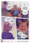 anthro arm_tattoo barbell basil_(mikrogoat) black_hair bottomwear bovid bovine cattle clothed clothed_anthro clothed_male clothing comic domestic_pig duo english_text exercise fur genitals grey_body grey_fur hair hi_res horn male mammal mikrogoat muscular muscular_anthro muscular_male nonbinary_(lore) overweight overweight_anthro overweight_male perry_(mikrogoat) pink_body pink_hair pink_skin shorts shoulder_tattoo standing suid suine sus_(pig) tattoo text url weightlifting workout