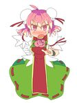  :o ahoge bandaged_arm bandages bun_cover cuffs double_bun flower hand_on_hip ibaraki_kasen index_finger_raised ini_(inunabe00) pink_eyes pink_flower pink_hair pink_rose rose scolding shackles short_hair solo touhou v-shaped_eyebrows 