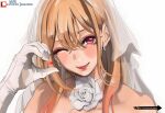  1girl bare_shoulders blonde_hair bride closed_mouth dress flower gloves gyaru half-heart_hands highres kitagawa_marin lady_shin one_eye_closed red_eyes rose see-through_clothes see-through_veil smile solo sono_bisque_doll_wa_koi_wo_suru upper_body veil wedding_dress white_flower white_gloves white_rose white_veil 