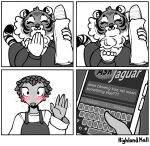 2024 4_panel_comic american_sign_language anthro apron baguette big_breasts black_text blowing_kiss blush blush_lines bodily_fluids bread breasts cleavage clothed clothed_anthro clothed_female clothing comic comic_panel digital_drawing_(artwork) digital_media_(artwork) duo electronics emanata english_text felid female female/female flustered flying_sweatdrops food gesture grey_apron grey_clothing grey_topwear hand_gesture hi_res highlandkall holding_food holding_object logo_parody love mammal monochrome multi_panel multiple_scenes naomi_(highlandkall) pangolin pantherine parody partially_colored phone phone_screen question sign_language signature simple_background sweat sweatdrop text texting texting_ui tiger topwear typing waving white_background white_dress_shirt white_text work_uniform