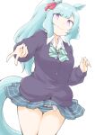  1girl akara_kai animal_ears black_cardigan blue_hair blush braid breasts cardigan commentary_request green_skirt gyaru gyaru_v highres horse_ears horse_girl horse_tail long_hair long_sleeves looking_at_viewer medium_breasts mejiro_ardan_(umamusume) neckerchief official_alternate_costume official_alternate_hairstyle pleated_skirt ponytail purple_eyes sailor_collar school_uniform serafuku shirt skirt smile solo tail umamusume upper_body v white_background white_shirt 