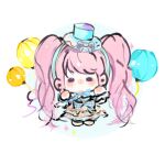  1girl absurdly_long_hair argyle_bow balloon bare_shoulders barefoot blue_bow blue_dress blue_hairband blue_hat blue_ribbon blue_wrist_cuffs bow brown_bow chibi chinese_commentary circle commentary_request dance_till_dawn_(infinity_nikki) dress fengmi_youzi_hua frilled_dress frilled_wrist_cuffs frills hairband hands_up hat hat_bow highres infinity_nikki light_blush light_particles lolita_fashion long_hair medium_dress mini_hat mini_top_hat neck_ribbon nikki_(series) no_mouth official_alternate_color pink_hair purple_eyes ribbon solid_oval_eyes solo sparkle strapless strapless_dress swept_bangs top_hat twintails two-tone_bow two-tone_wrist_cuffs unmoving_pattern very_long_hair waist_bow white_background white_wrist_cuffs wrist_cuffs yellow_bow 